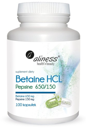 Betaina HCL i Pepsyna – 650/150 mg, wsparcie trawienia, lepsze przyswajanie składników odżywczych  100 kaps Aliness