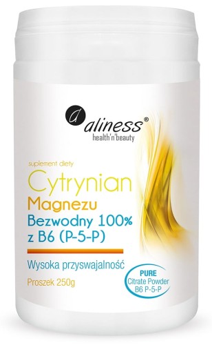 Cytrynian magnezu z wit B6 – wspiera metabolizm i redukuje zmęczenie, idealny dla zdrowych kości i zębów. Aliness 250g