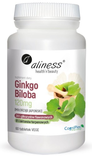 Ginkgo Biloba/ Miłorząb japoński 120 mg – wspiera wzrok, pamięć i koncentrację, Aliness 60 tab