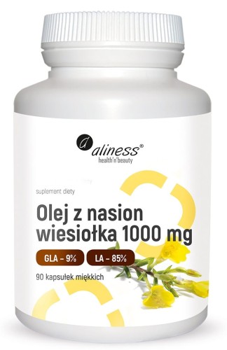 Olej z wiesiołka – bogate źródło kwasów Omega-6 wspiera zdrowie serca, skóry i poziom cholesterolu. Aliness 90 kaps
