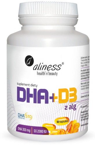 Kwas Omega DHA 300 mg z alg i 2000 IU D3 wspiera zdrowie serca, mózgu oraz odporność. Aliness 60 kaps.
