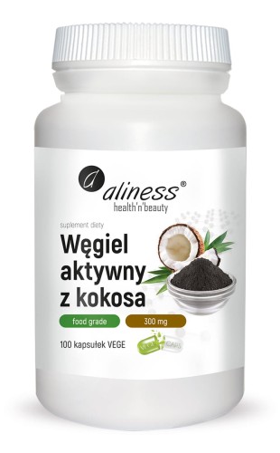 Węgiel aktywny 300 mg - redukcja gazów jelitowych, oczyszczanie i neutralizacja toksyn. Aliness 100 kaps.