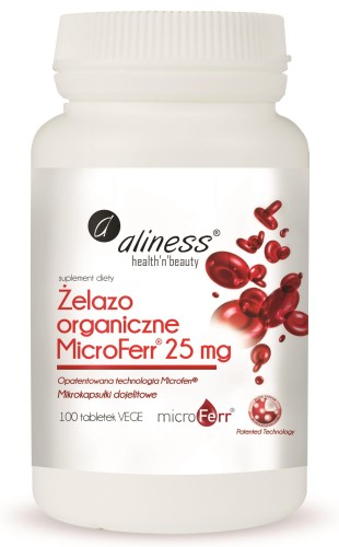 Żelazo 25 mg - mikrokapsułki z witaminą C, doskonałe wsparcie energetyczne, redukcja zmęczenia. Aliness 100 tabl