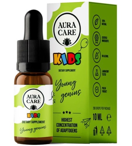 Aura Care Kids „Młody Geniusz” 10 ml – wspomaganie rozwoju umysłowego dzieci: Lion’s Mane, kakao, Omega-3