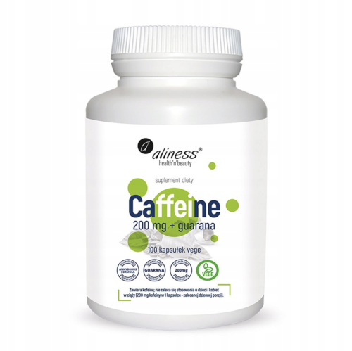 Caffeine 200mg kofeina + guarana 100 kapsułek ENERGIA POBUDZENIE Aliness