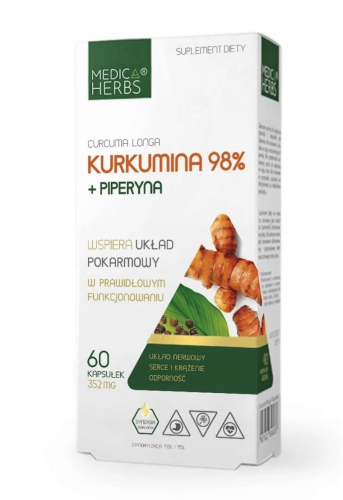 Kurkumina 98% + piperyna WSPARCIE STAWÓW I UKŁADU POKARMOWEGO Medica Herbs 60 kapsułek