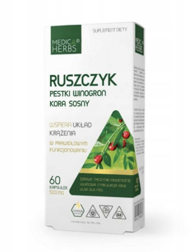 Ruszczyk Pestki winogron Kora sosny WSPARCIE KRĄŻENIA I LEKKOŚCI NÓG Medica Herbs 60 kaps.