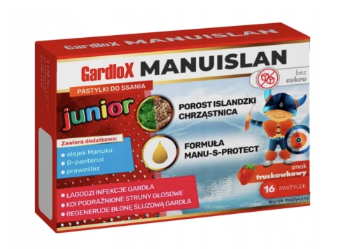 Gardlox MANUISLAN JUNIOR ŁAGODZENIE BÓLU GARDŁA 16 pastylek