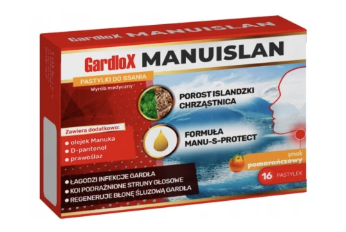 Gardlox MANUISLAN ŁAGODZENIE BÓLU GARDŁA pomarańcza 16 past.