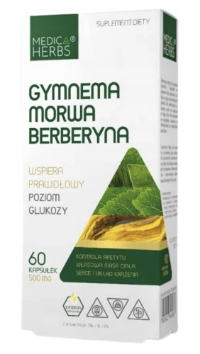Gymnema Morwa Berberyna WSPARCIE CUKRU, METABOLIZMU I KONTROLI APETYTU Medica Herbs 60 kapsułek