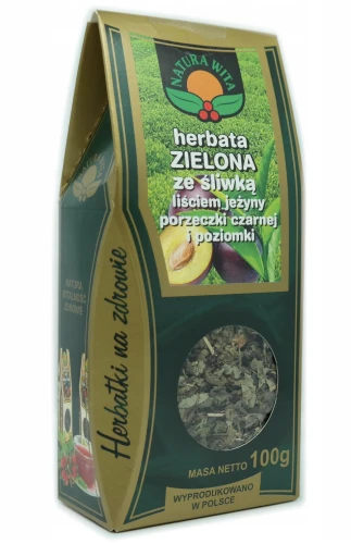 HERBATA ZIELONA ZE ŚLIWKĄ LIŚCIEM JEŻYNY PORZECZKI CZARNEJ I POZIOMKI 100g NATURA WITA