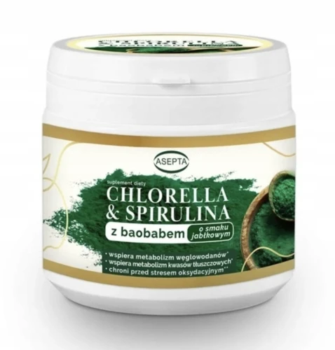CHLORELLA I SPIRULINA Z BAOBABEM O SMAKU JABŁKOWYM 150 G