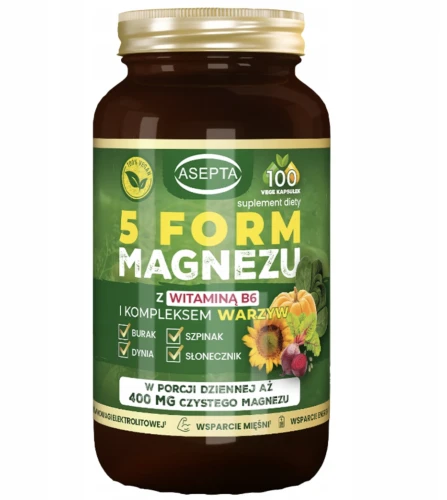 5 form magnezu DLA WSPARCIA UKŁADU NERWOWEGO, MIĘŚNI 100 kapsułekAsepta