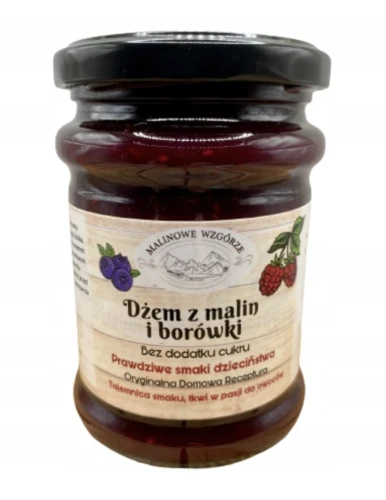 Malinowe Wzgórze Dżem Malina i Borówka Bez Cukru 270 g 97% Owoców Naturalny
